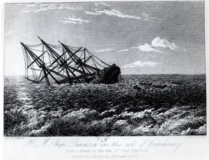 A H.M.S. Pandora elsüllyedése, John Barrow "A H.M.S. Bounty elleni kalóztámadás és kalózkodás eseménydús története: oka és következményei" című művéből, amelyet John Murray adott ki 1835-ben. alkotó: Robert Batty