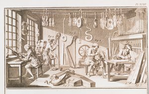 Hangszerkészítő műhely, részlet a Denis Diderot 1713-84 Encyclopedia XVIII. táblájáról és Jean le Rond dAlembert 1717-83 1751-72 84222 metszetrészlet alkotó: Robert Benard