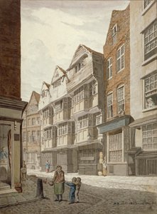 Délnyugati kilátás egy régi favázas házra a Ship Yardban, Westminster, London, 1815