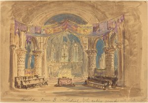 "Harold Scene 3 Cathedral (a középen ruhával borított ereklyék)"