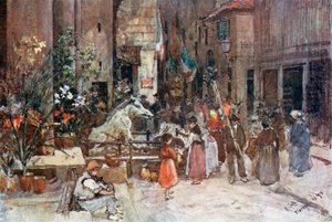 A "Mercato Nuovo" 1884-ben (színes litográfia) alkotó: Robert Charles Goff