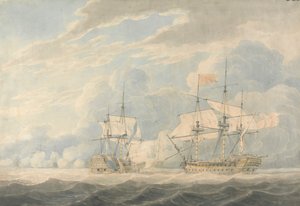 A De Winter admirális vezette holland admirális leüti zászlaját Onslow angol admirálisnak, Duncan admirális vezetésével a camperdowni csatában, 1797. október 11-én.