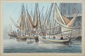 Kilátás a Billingsgate rakpartra hajókkal a vízen, London City, 1790. alkotó: Robert Clevely