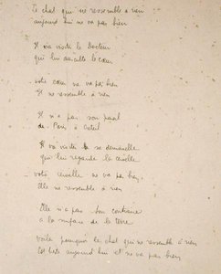 A macska, amely olyan, mint semmi a földön, kézzel írt oldal Robert Desnos 