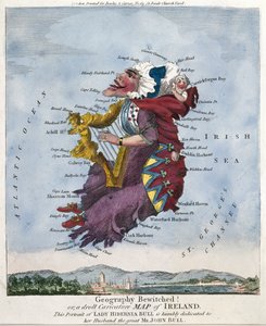 A földrajz megbabonázott! vagy Írország karikatúra-térképe. Lady Hibernia Bullnak ezt a portréját alázatosan a férjének, a nagyszerű John Bullnak ajánljuk. [kb. 1796]