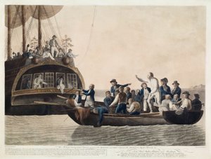 A Mutineers-ből Bligh hadnagy és a tisztek egy része, valamint a legénység egy része, 1789. április 29., pub. 1790 alkotó: Robert Dodd