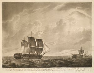 Ez a nézet, Őfelsége EUROTAS hajójáról, esküdtszéki árbocok alatt, 1814. február 26-án, február 26-án reggel, amikor a császári francia LA CLORINDE fregattot érte utol, amely az előző estén elhajózott; a körülmény miatt, hogy az alkotó: Robert Dodd