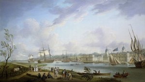 Greenwich látképe, a Temze és a Temze partján folyó tevékenységek leírása, valamint a folyami hajózás, az árapály jelentőségének figyelembevételével. Olaj, vászon alkotó: Robert Dodd