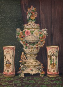 Drezdai porcelánváza és pár porcelánpohár, 1863.