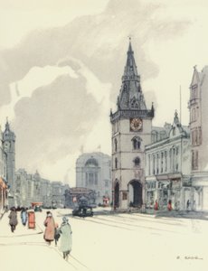 Glasgow: Tolbooth és a Tron Steeple (színes litográfia).