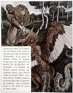 Tristan harcol egy sárkánnyal – J. Bédier „A római Tristan és Iseult” című művében, illusztrálta: Robert Engels, Art Edition, Párizs