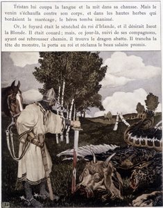 Tristan a halott sárkány közelében - Bédier ill. „” Le Roman de Tristan et Iseult” című könyvében. Robert Engels, szerk. Művészet, Párizs