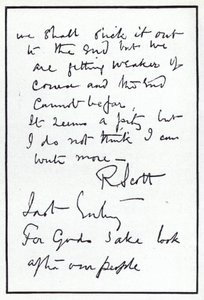 Robert Falcon Scott sarkkutató, a Déli-sarkra tartó balszerencsés brit expedíció vezetője naplójának utolsó oldala, 1912. március 29. (litho)