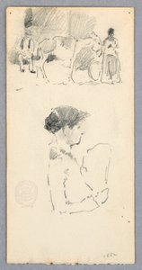 Rajz, Jelenet szamárral és két alakkal; legyezőt tartó nő, 1882 alkotó: Robert Frederick Blum