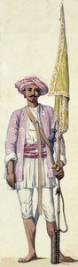 A Tipu Sultan seregének indiai katonája (rakétaember), aki rakétáját zászlórúdként használja, Madras
