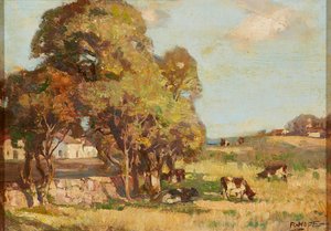 Szarvasmarha legeltető pásztori tájon (olaj a fedélzeten) alkotó: Robert Hope