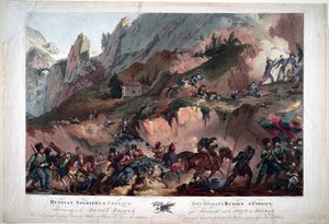 1799-ben Napóleon csapatai az Ördög hídon harcoltak az oroszok ellen, Szouvarov tábornok parancsnoksága alatt - Orosz hadsereg 1799-ben átkelt az Ördöghídon - Porter, Robert Carr (1777-1842) - 1804 - Aquatint - 63x91,3 -Magángyűjtemény