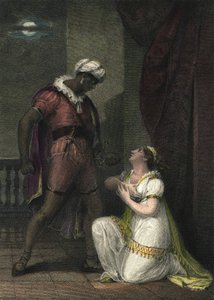 Othello és Desdemona Velencében. Illusztráció William Shakespeare „” Othello”-jához. 4. felvonás 2. jelenet. R.K Porter angol metszet 1801-ből.