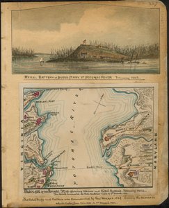 A Potomac blokádja. Az Unió és a lázadók ütegeit ábrázoló térkép 1862 januárja. A lázadók 1862. március 4-én éjjel kiürítették az összes ütegüket. LOC gvhs01.vhs00066