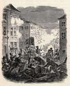 Barikádharc a berlini Cölln városházánál 1848. március 18-ról 19-re virradó éjszaka. alkotó: Robert Kretschmer