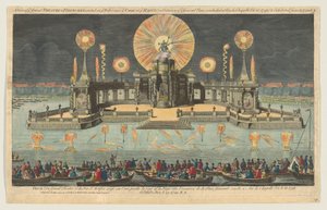 Kilátás a nagyszínházra és tűzijáték, amelyet a vízen állítottak fel a hágai udvar közelében, 1794-ben.