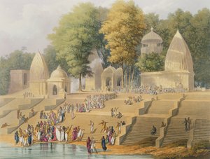 Előkészület egy suttee-ra vagy egy hindu özvegy feláldozására, a „Scenery, Costumes and Architecture of India” I. kötetéből, J. Willis és H. Melville metszet, R.G. Reeve, kocsma. írta Smith