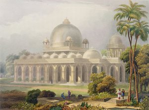 A Roza Mehmoodabadban Guzeratban, vagy Mehmood szultán vezír sírja, az Indiai táj, jelmezek és építészet II. kötetéből, John Willis (fl.1826-52) metszet, és Charles B metszet.