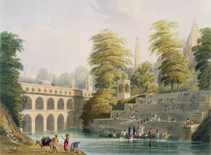 Kilátás a guzerati Baroda melletti hídra, a „Scenery, Costumes and Architecture of India” II. kötetéből, J. Willis és H. Melville metszet, Charles Bentley (1806-54) pub. szerző: Smith, El