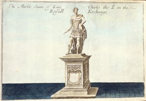 II. Károly király (1630-85) márványszobra a királyi tőzsdén, „A Book of the Remarkable Places in and about the London” című könyvből, 1700 körül (metszet) alkotó: Robert Morden