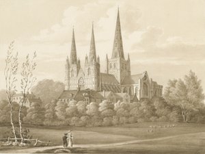 Lichfield katedrális – Nyugat-Délnyugat Nézet: szépia rajz