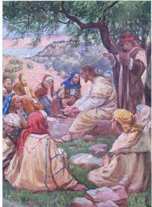 Jézus imádkozni tanítja a tanítványait, a Thomas Nelson által kiadott Biblia Képeskönyvből, 1950 körül