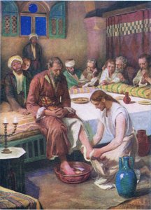 Jézus megmossa a tanítványok lábát, a Thomas Nelson által kiadott Biblia Képeskönyvből, 1950 körül