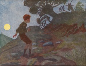 Egy fiú fél a sötétben (színes litográfia)