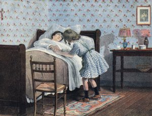Egy kislány beteg édesanyja ágyánál várja a háborút. Illusztráció: Robert Salles (1871-1929) a „Je sais Lire” c. alkotó: Robert Salles