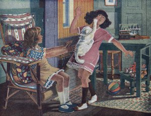 Annette kis macskája: egy fehér macska karmolja a barátjával játszó kislány arcát. Illusztráció: Robert Salles (1871-1929) a „Je sais Lire” c. alkotó: Robert Salles