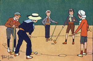Ball by óra (ügyességi játék labdákkal és kalapáccsal). Gravírozás „”-be Mit játszunk? E. Weber „” Robert Salles (1871-1929) akvarell rajzaival. Librairie Garnier Freres, Párizs