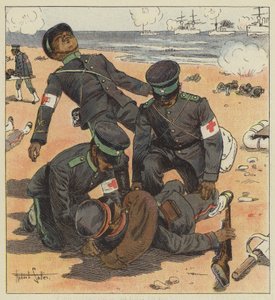 Japán hordágyhordozók emelik a sebesülteket