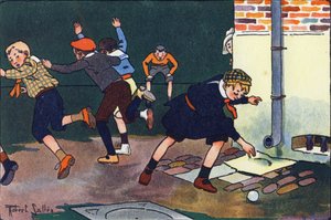 Golyó a falhoz. Gravírozás „”-be Mit játszunk? E. Weber „” Robert Salles (1871-1929) akvarell rajzaival. Librairie Garnier Freres, Párizs alkotó: Robert Salles