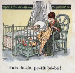 Gyermekkönyv „” El fogom olvasni – Módszeres és szórakoztató ábécé egy apától””” 1926. Illusztráció: Robert Salles (1871-1929). "" Aludj kicsim! "". Egy anya a gyermeke szobájában varr, és várja, hogy babája elaludjon.