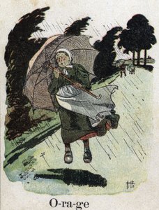 Gyermekkönyv „” El fogom olvasni – Módszeres és szórakoztató ábécé egy apától””” 1926. Illusztráció: Robert Salles (1871-1929). „Vihar”: egy nő az esőben mendegél az esernyőjével. alkotó: Robert Salles