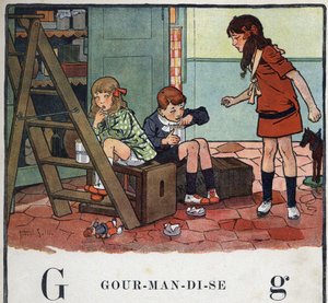 Gyermekkönyv „” El fogom olvasni – Módszeres és szórakoztató ábécé egy apától””” 1926. Illusztráció: Robert Salles (1871-1929). Abecedary: G betű mint Gourmandise. Lány és fiú evett kandírozott gyümölcsöt titokban.