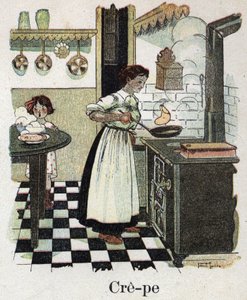 Gyermekkönyv „” El fogom olvasni – Módszeres és szórakoztató ábécé egy apától””” 1926. Illusztráció: Robert Salles (1871-1929). Anya megfújja a palacsintát a serpenyőben.