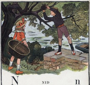 Gyermekkönyv „” El fogom olvasni – Módszeres és szórakoztató ábécé egy apától””” 1926. Illusztráció: Robert Salles (1871-1929). Abecedary: N betű, mint Nest. Egy fiú elvesz egy fára épített fészket.