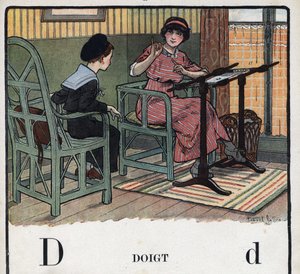 Gyermekkönyv „” El fogom olvasni – Módszeres és szórakoztató ábécé egy apától””” 1926. Illusztráció: Robert Salles (1871-1929). Abecedary: D betű mint Ujj. Egy anya elmagyarázza fiának a hímzést. alkotó: Robert Salles