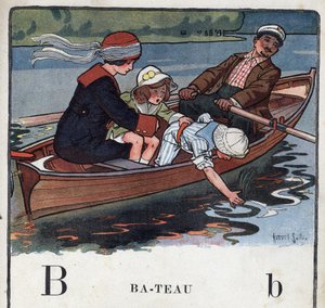 Gyermekkönyv „” El fogom olvasni – Módszeres és szórakoztató ábécé egy apától””” 1926. Illusztráció: Robert Salles (1871-1929). Abecedaire: B betű, mint Hajó. Egy család egy csónakban sétál. alkotó: Robert Salles