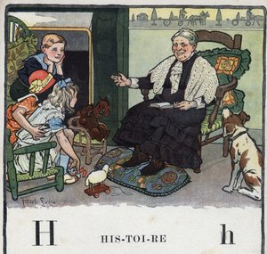 Gyermekkönyv „” El fogom olvasni – Módszeres és szórakoztató ábécé egy apától””” 1926. Illusztráció: Robert Salles (1871-1929). Abecedaire: H betű történelemként. Egy nagymama történeteket mesél az unokáinak a kandalló közelében.
