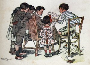 Gyermekkönyv „” El fogom olvasni – Módszeres és szórakoztató ábécé egy apától””” 1926. Illusztráció: Robert Salles (1871-1929). Egy családapa tanítja a gyerekeket olvasni. alkotó: Robert Salles