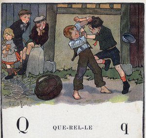 Gyermekkönyv „” El fogom olvasni – Módszeres és szórakoztató ábécé egy apától””” 1926. Illusztráció: Robert Salles (1871-1929). Abecedaire: Q betű, mint Querelle. Két fiú verekszik az udvaron.