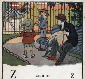 Gyermekkönyv „” El fogom olvasni – Módszeres és szórakoztató ábécé egy apától””” 1926. Illusztráció: Robert Salles (1871-1929). Abecedaire: Z betű, mint Zebre. Gyerekek karikával néznek egy zebrát az állatkertben. alkotó: Robert Salles
