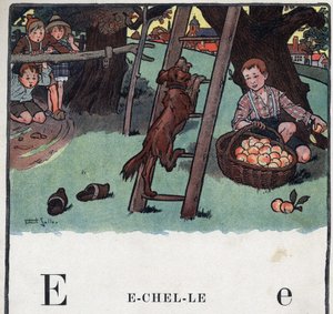 Gyermekkönyv „” El fogom olvasni – Módszeres és szórakoztató ábécé egy apától””” 1926. Illusztráció: Robert Salles (1871-1929). Abecedary: E betű mint skála. Egy kutya felmászik a létrára, és egy almafával szemben póz. alkotó: Robert Salles
